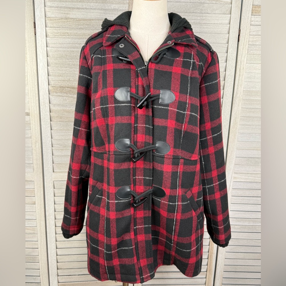 TORRID Women's Wool Toggle Front Coat with Hood Red/Black Plaid-0X